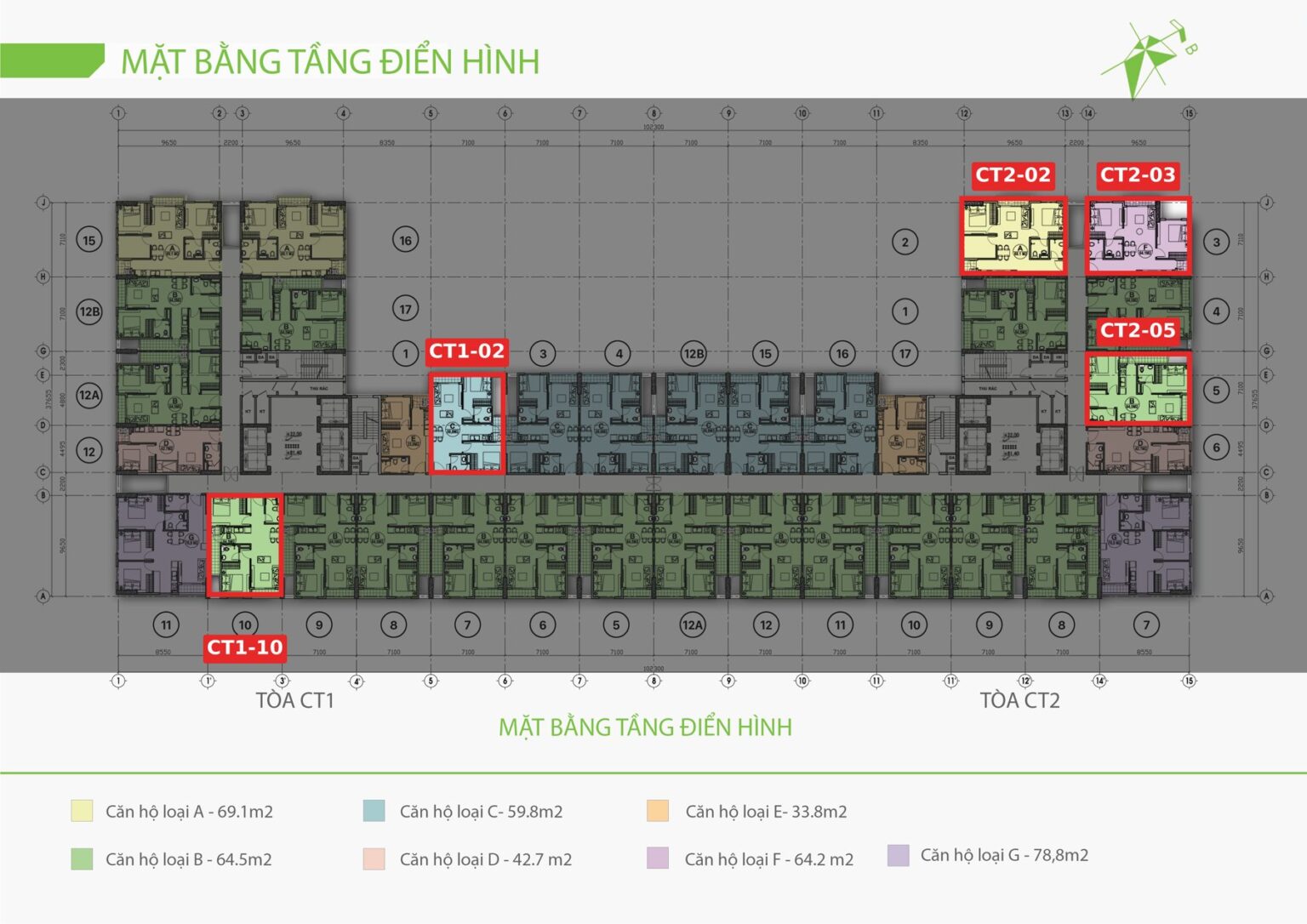 Mặt bằng tầng EcoLife Riverside đánh dấu 5 căn 2 phòng ngủ nổi bật trong giỏ hàng