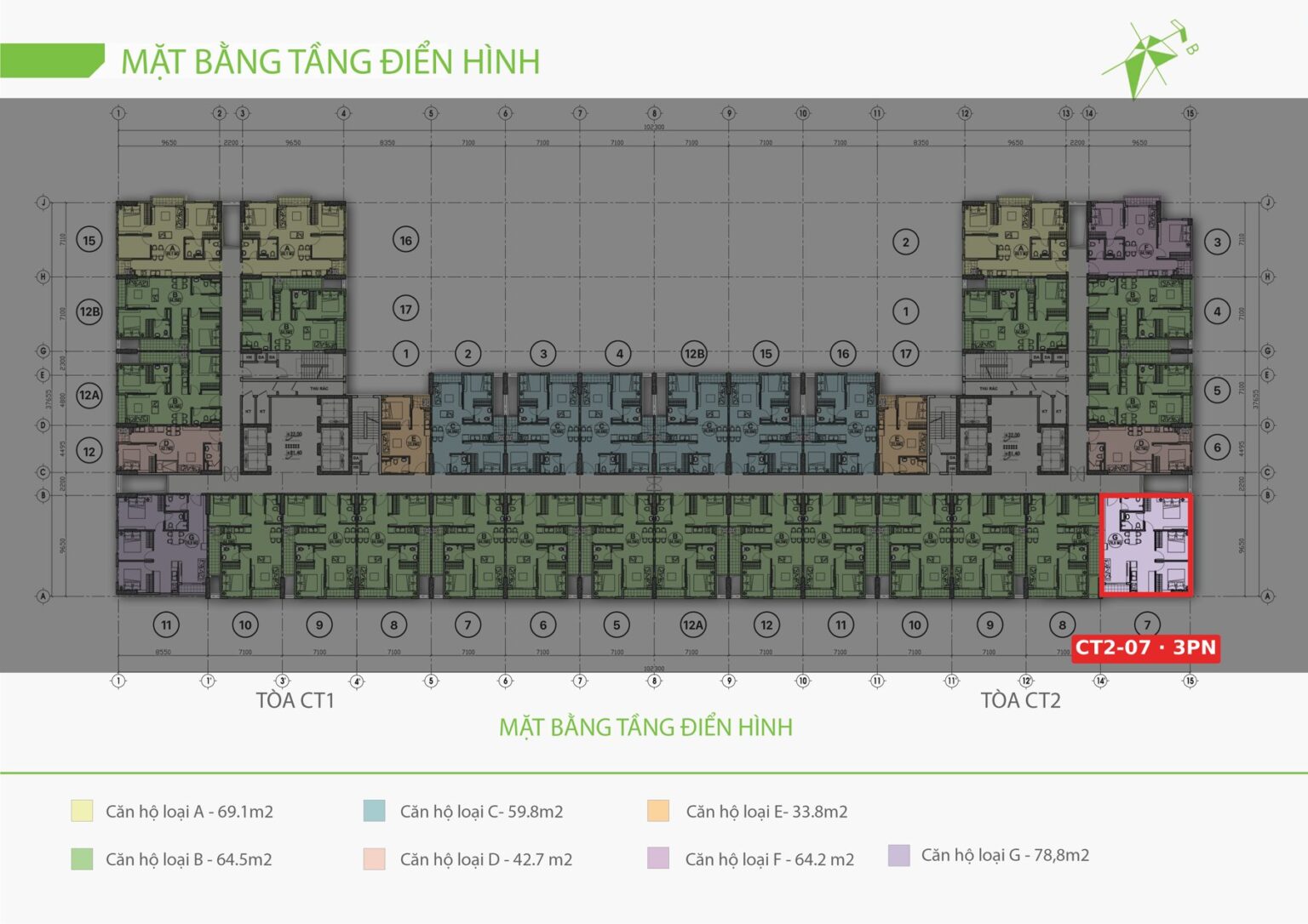 Vị trí căn góc 3 phòng ngủ CT2-07 (77,7 m², hướng Đông Nam) trên mặt bằng EcoLife Riverside