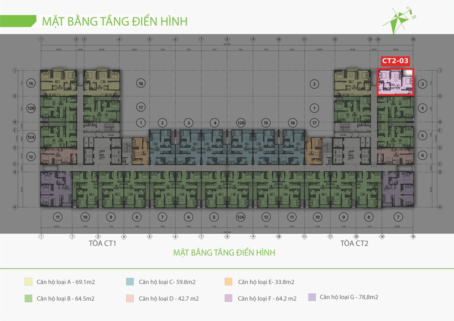 Vị trí căn góc CT2-03 (2 phòng ngủ, 63,3 m²) trên mặt bằng EcoLife Riverside
